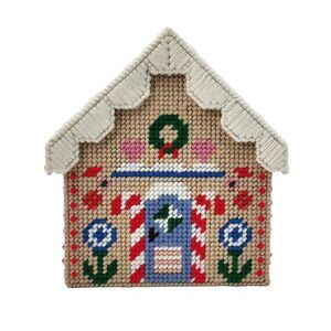 Vintage Handmade Plastic Canvas Needlepoint Christmas Gingerbread House Box
